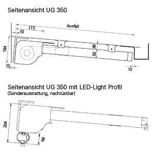 Unterglasmarkise, Seitenansicht UG 350 LED