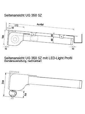 Beschattung Terrassenüberdachung elektrisch, Seitenansicht UG 350 SZ LED